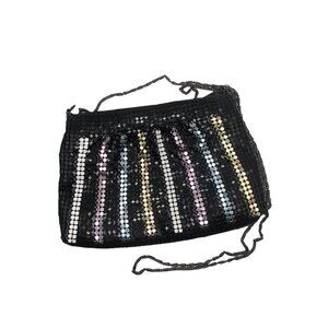 𝅺VINTAGE Page D. Black Multicolor Stripe Sequin Handbag Purse Clutch